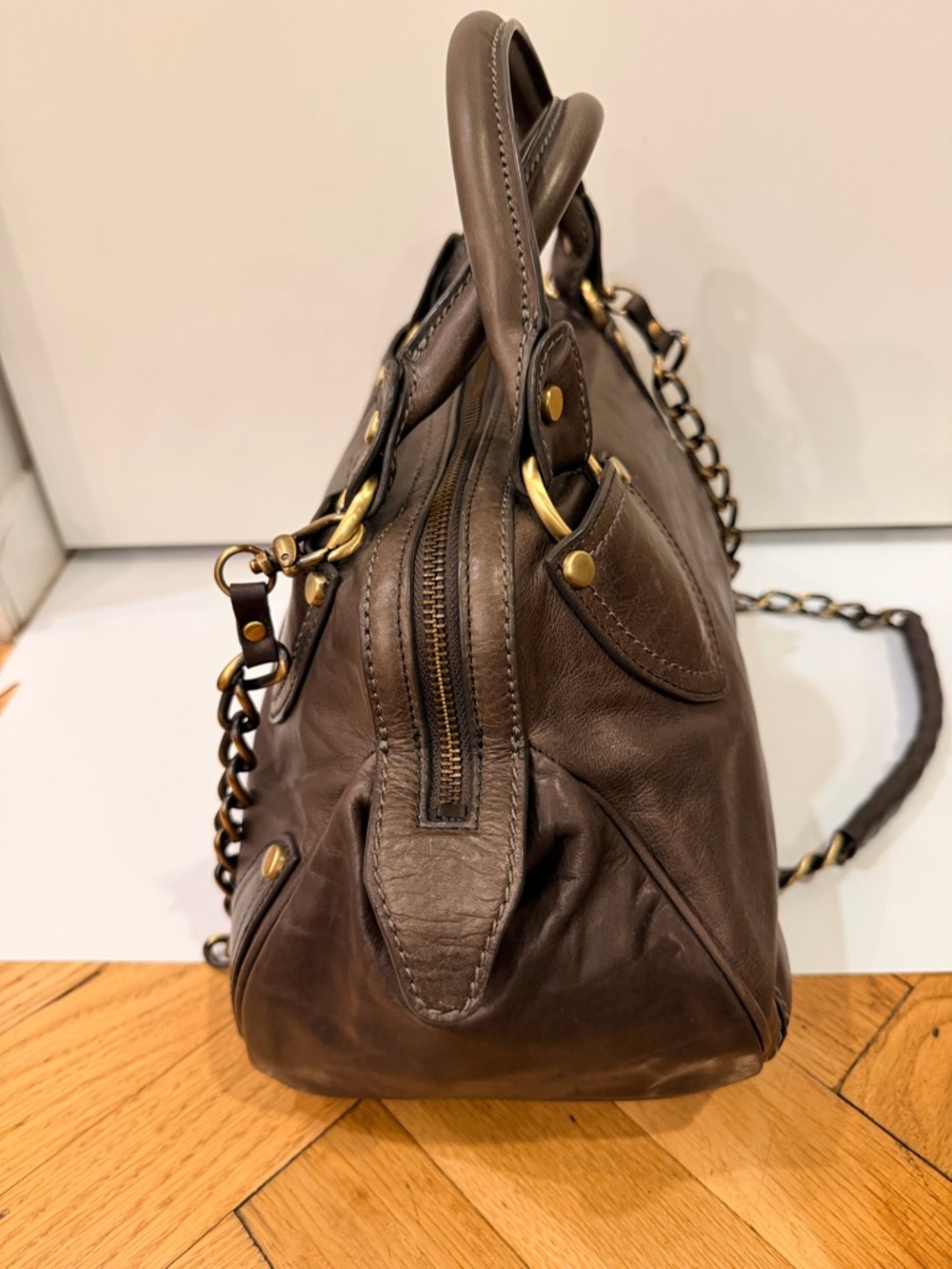Luana Italian Leather Satchel Dark Olive Brown Chain Strap Top Handle - Picture 4 of 13
